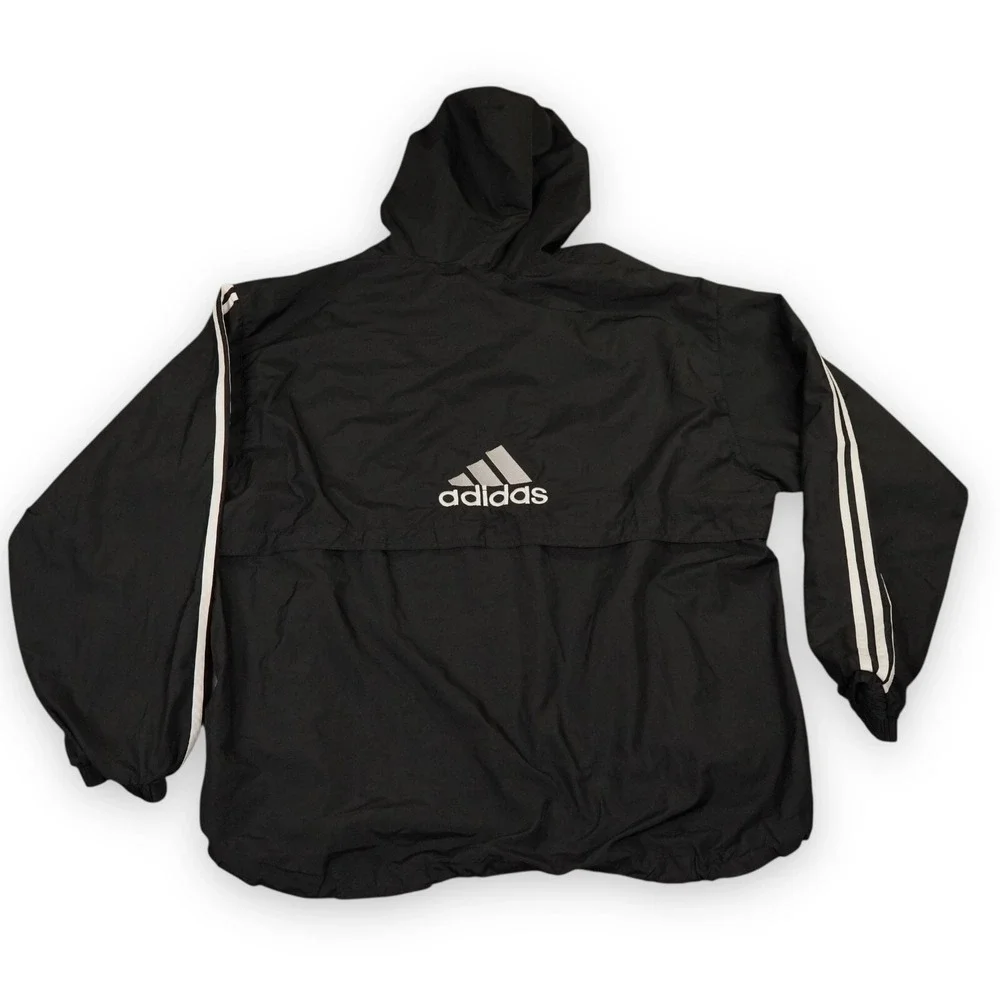 VTG Adidas Jacket Men Large Black Hooded 3 Stripe Logos Y2K Windbreaker Pullover